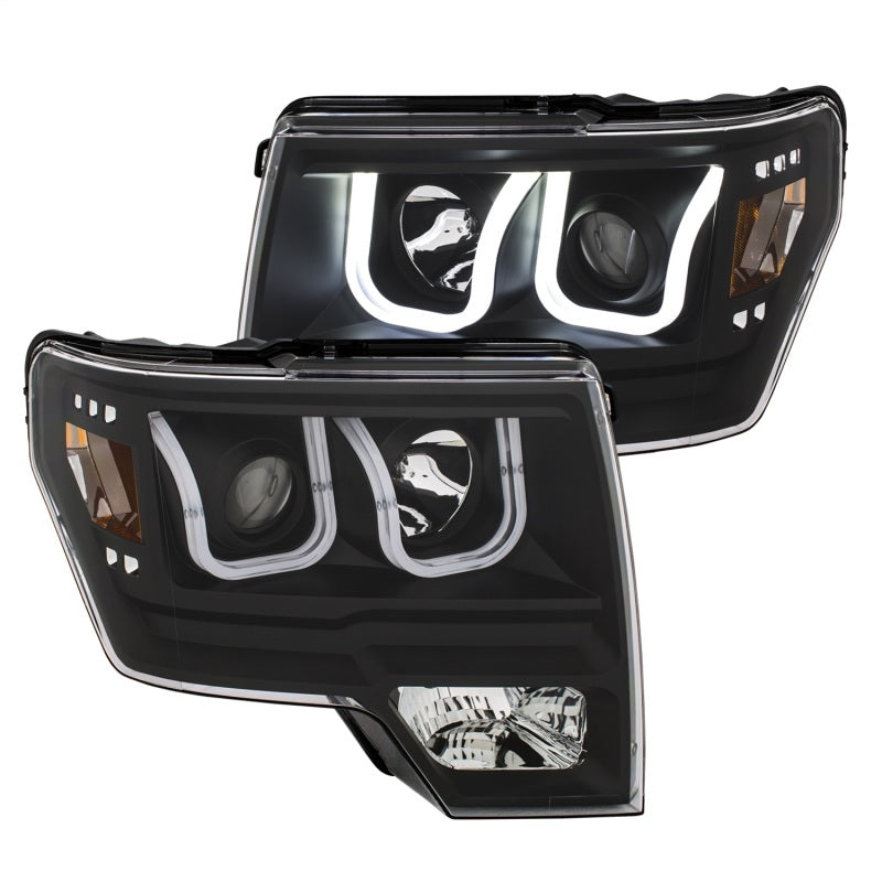 ANZO 2009-2014 Ford F-150 Projector Headlights w/ U-Bar Switchback Black w/ Amber - eliteracefab.com