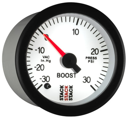 Autometer Stack 52mm -30INHG to +30 PSI (Incl T-Fitting) Pro Stepper Motor Boost Press Gauge - White ST3362
