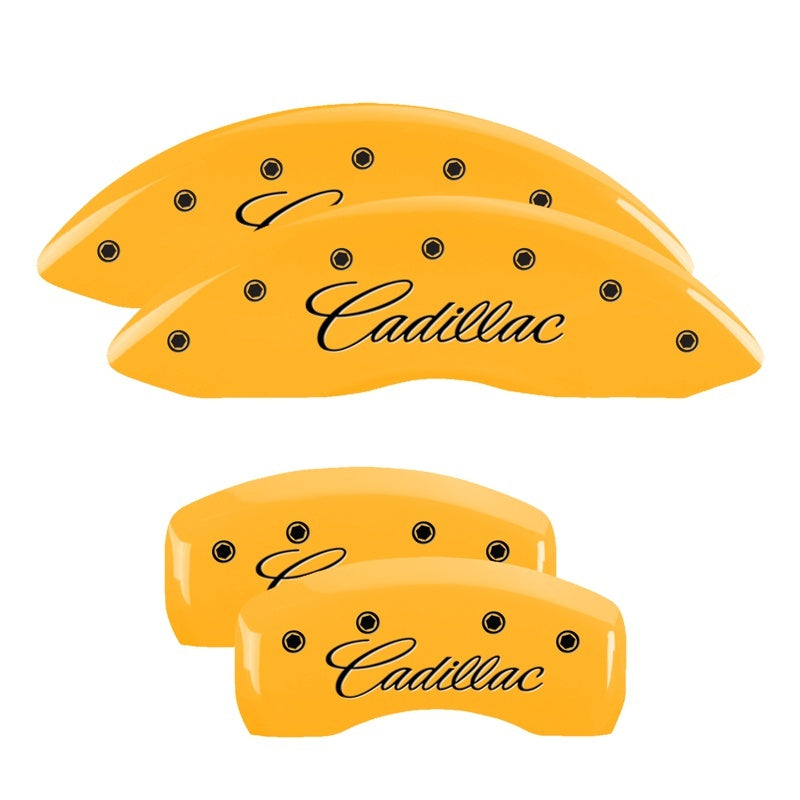 MGP 4 Caliper Covers Engraved Front & Rear Cursive/Cadillac Yellow finish black ch MGP