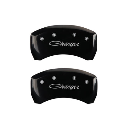 MGP 4 Caliper Covers Engraved Front & Rear Cursive/Charger Black finish silver ch MGP