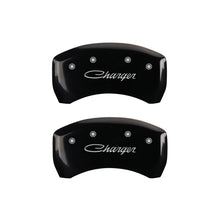 Load image into Gallery viewer, MGP 4 Caliper Covers Engraved Front &amp; Rear Cursive/Charger Black finish silver ch MGP