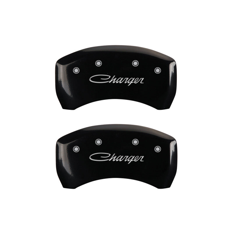 MGP 4 Caliper Covers Engraved Front & Rear Cursive/Charger Black finish silver ch MGP