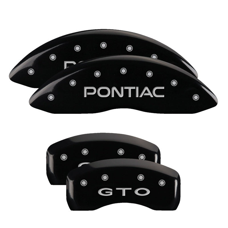 MGP 4 Caliper Covers Engraved Front Pontiac Engraved Rear GXP Black finish silver ch MGP