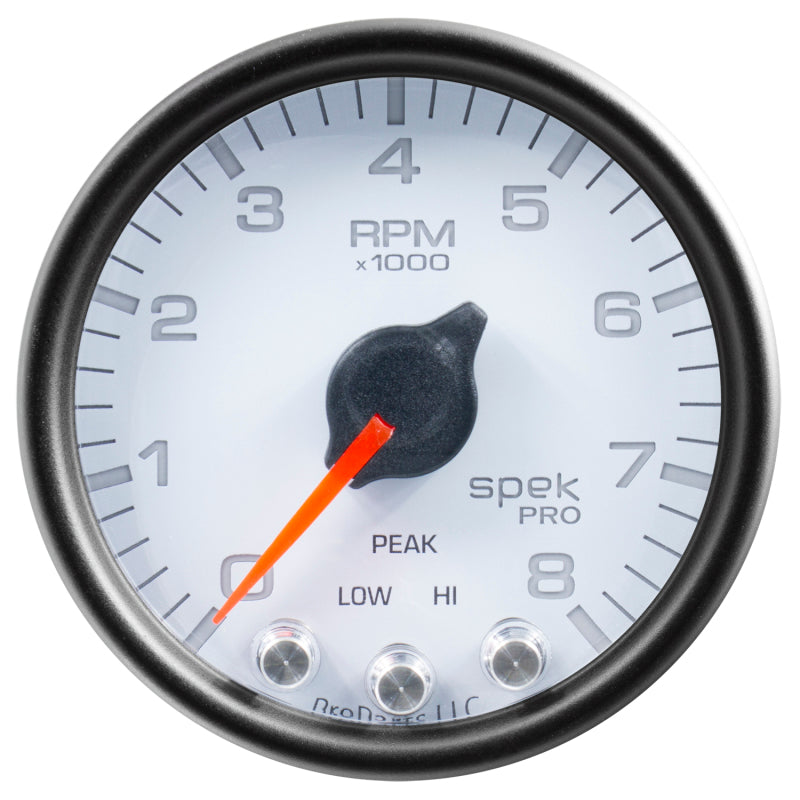 Autometer Spek-Pro Gauge Tach 2 1/16in 8K Rpm W/ Shift Light & Peak Mem Wht/Blk P33412