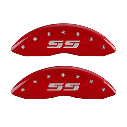 MGP Front set 2 Caliper Covers Engraved Front Silverado style/SS Red finish silver ch MGP