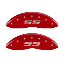 Load image into Gallery viewer, MGP Front set 2 Caliper Covers Engraved Front Silverado style/SS Red finish silver ch MGP