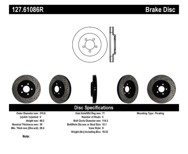 StopTech 05-10 Ford Mustang GT Front Right Slotted & Drilled Rotor - eliteracefab.com