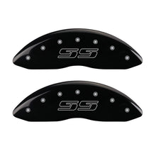 Load image into Gallery viewer, MGP 4 Caliper Covers Engraved Front &amp; Rear Avalanche style/SS Black finish silver ch MGP