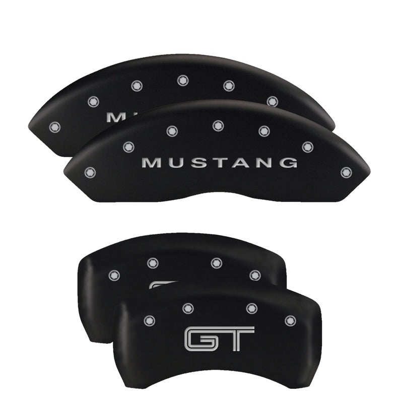 MGP 4 Caliper Covers Engraved Front Mustang Engraved Rear GT Black finish silver ch MGP