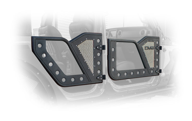 DV8 Offroad Jeep 18+ Wrangler JL / 20+ Gladiator JT Rear Rock Doors w/ Perforated Aluminum Mesh - eliteracefab.com