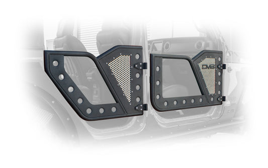 DV8 Offroad Jeep 18+ Wrangler JL / 20+ Gladiator JT Rear Rock Doors w/ Perforated Aluminum Mesh - eliteracefab.com