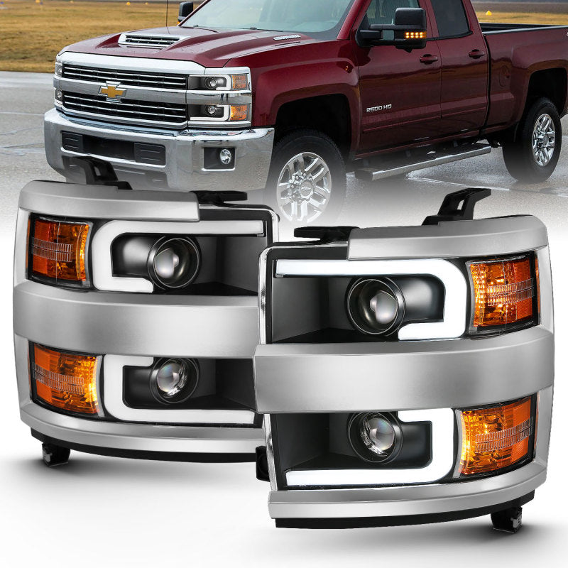 ANZO USA Chevrolet Silverado Hd Projector Headlights W/ Plank Style Design Black W/ Amber; 2015-2017 - eliteracefab.com