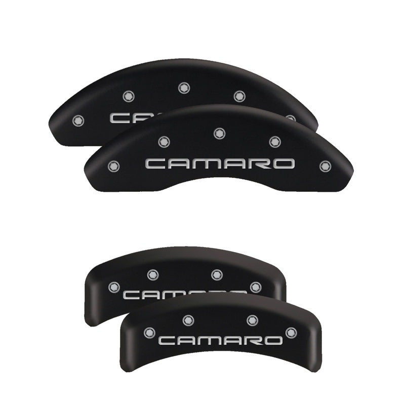 MGP 4 Caliper Covers Engraved Front & Rear With stripes/Challenger Black finish silver ch - eliteracefab.com