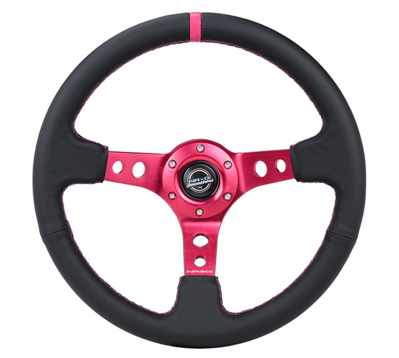 NRG Reinforced Steering Wheel (350mm/3in. Deep) Black Leather/ Fushia Center Mark/ Fushia Stitching - RST-006FH