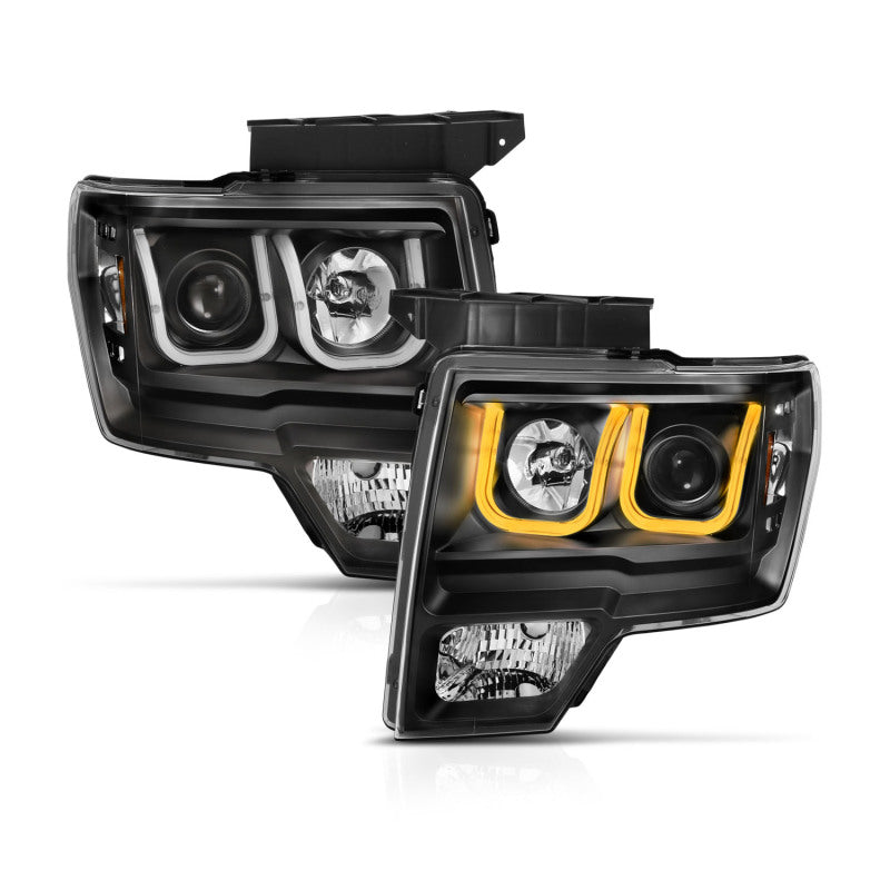 ANZO 2009-2014 Ford F-150 Projector Headlights w/ U-Bar Switchback Black w/ Amber - eliteracefab.com