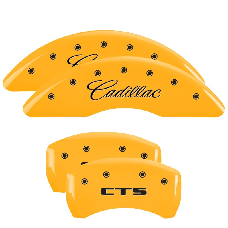 MGP 4 Caliper Covers Engraved Front Cursive/Cadillac Engraved Rear CTS Yellow finish black ch MGP