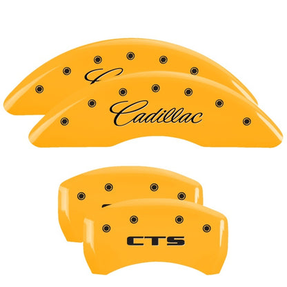 MGP 4 Caliper Covers Engraved Front Cursive/Cadillac Engraved Rear CTS Yellow finish black ch MGP