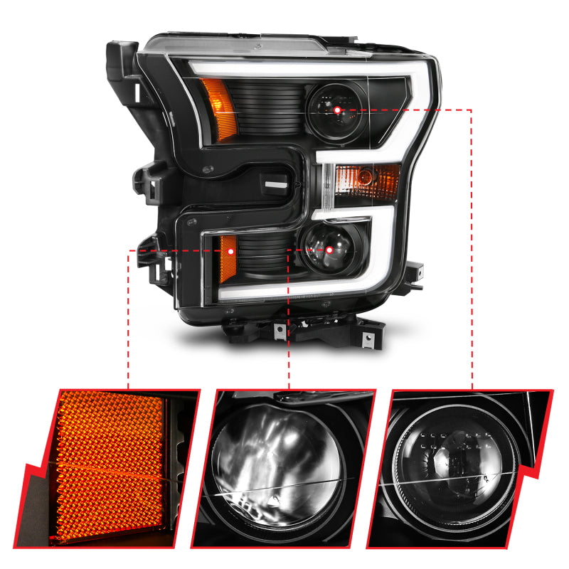 ANZO USA Ford F-150 Projector Headlights W/ Plank Style Switchback Black W/ Amber; 2015-2017 - eliteracefab.com