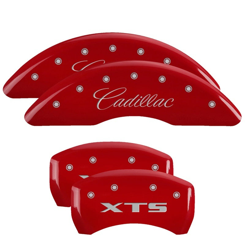 MGP 4 Caliper Covers Engraved Front Cadillac Engraved Rear XTS Red finish silver ch - eliteracefab.com