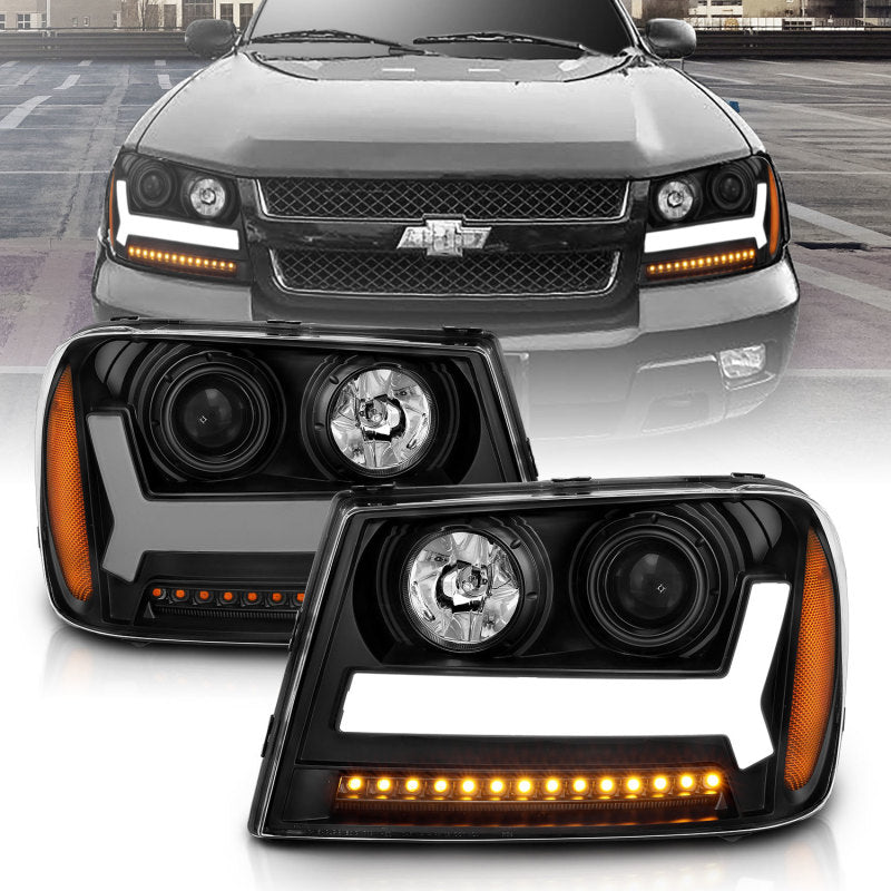 ANZO 2006-2009 Chevrolet Trailblazer Projector Headlights w/ Plank Style Design Black w/ Amber - eliteracefab.com