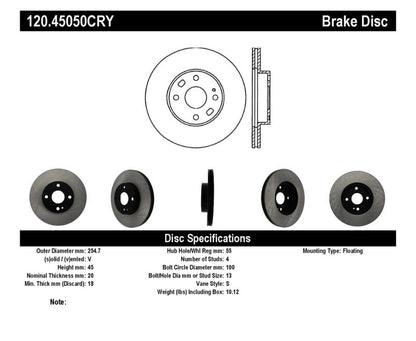 Centric 94-05 Mazda Miata MX-5 (Normal Suspension) Front CryoStop Rotor Stoptech