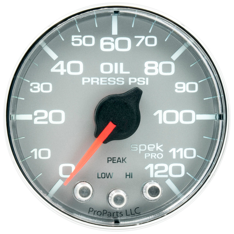 Autometer Spek-Pro Gauge Oil Press 2 1/16in 120psi Stepper Motor W/Peak & Warn Slvr/Chrm P325218