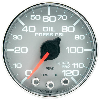 Autometer Spek-Pro Gauge Oil Press 2 1/16in 120psi Stepper Motor W/Peak & Warn Slvr/Chrm P325218