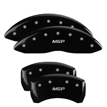 Load image into Gallery viewer, MGP 4 Caliper Covers Engraved Front &amp; Rear MGP Black Finish Silver Char 2019 Chevrolet Malibu MGP