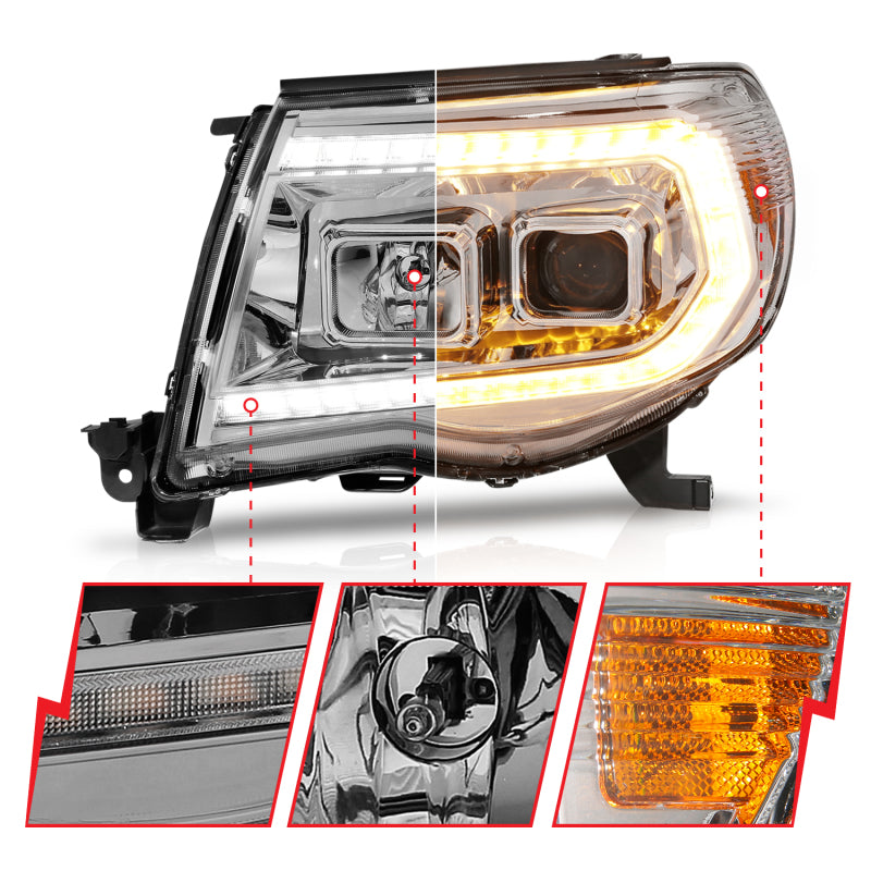 ANZO TOYOTA TACOMA 05-11 PROJECTOR LED PLANK STYLE HEADLIGHTS CHROME W/ SEQUENTIAL SIGNAL- 111565 ANZO
