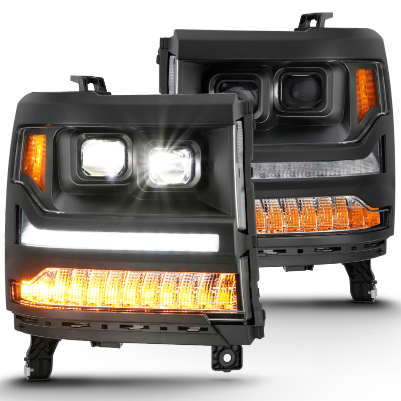 ANZO 16-18 Chevrolet Silverado 1500 LED Projector Headlights w/Plank Style Switchback Black w/ Amber - eliteracefab.com