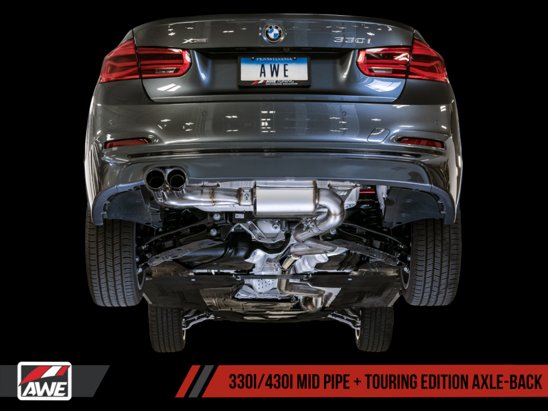 AWE Tuning BMW F3X 28i / 30i Touring Edition Axle-Back Exhaust Single Side - 80mm Silver Tips - eliteracefab.com