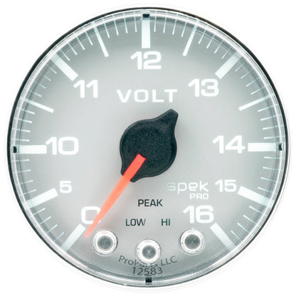 Autometer Spek-Pro Gauge Voltmeter 2 1/16in 16V Stepper Motor W/Peak & Warn Slvr/Chrm P344218
