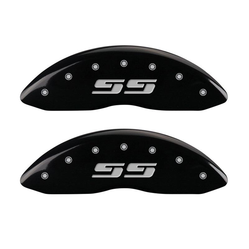 MGP Front set 2 Caliper Covers Engraved Front Silverado style/SS Black finish silver ch MGP