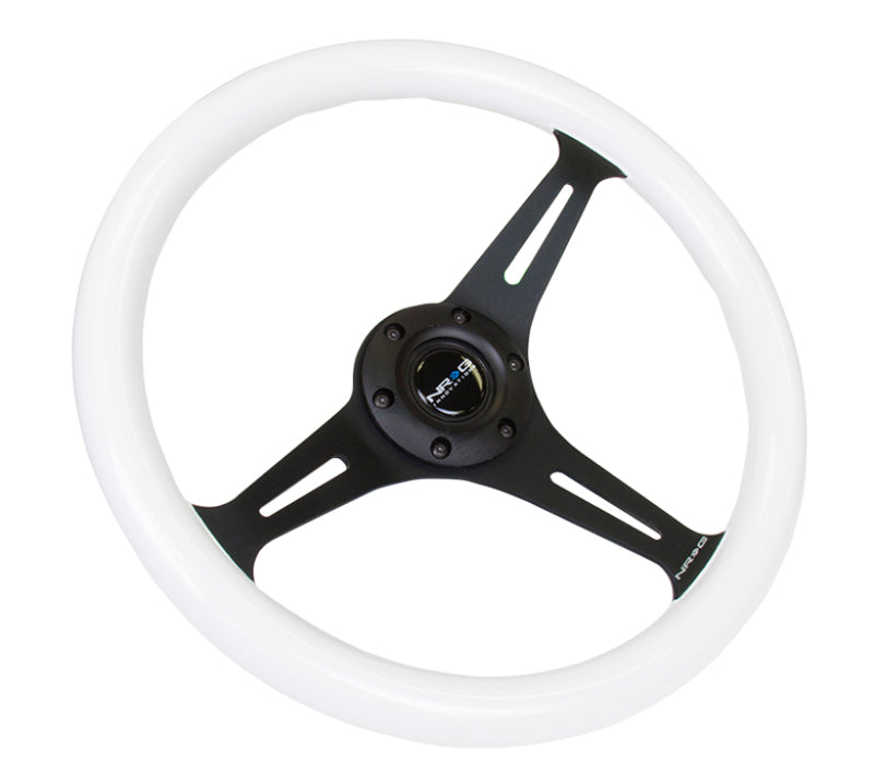 NRG Classic Wood Grain Steering Wheel (350mm) Glow-In-The-Dark Blue Grip w/Black 3-Spoke Center - ST-015BK-GL/BL