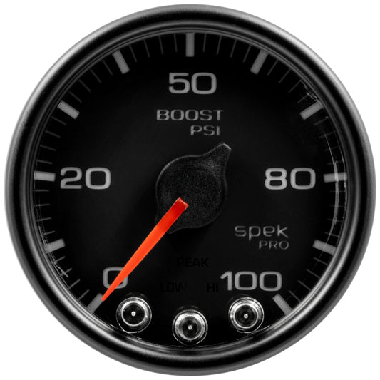 Autometer Spek-Pro Gauge Boost 2 1/16in 100psi Stepper Motor W/Peak & Warn Blk/Blk P30532