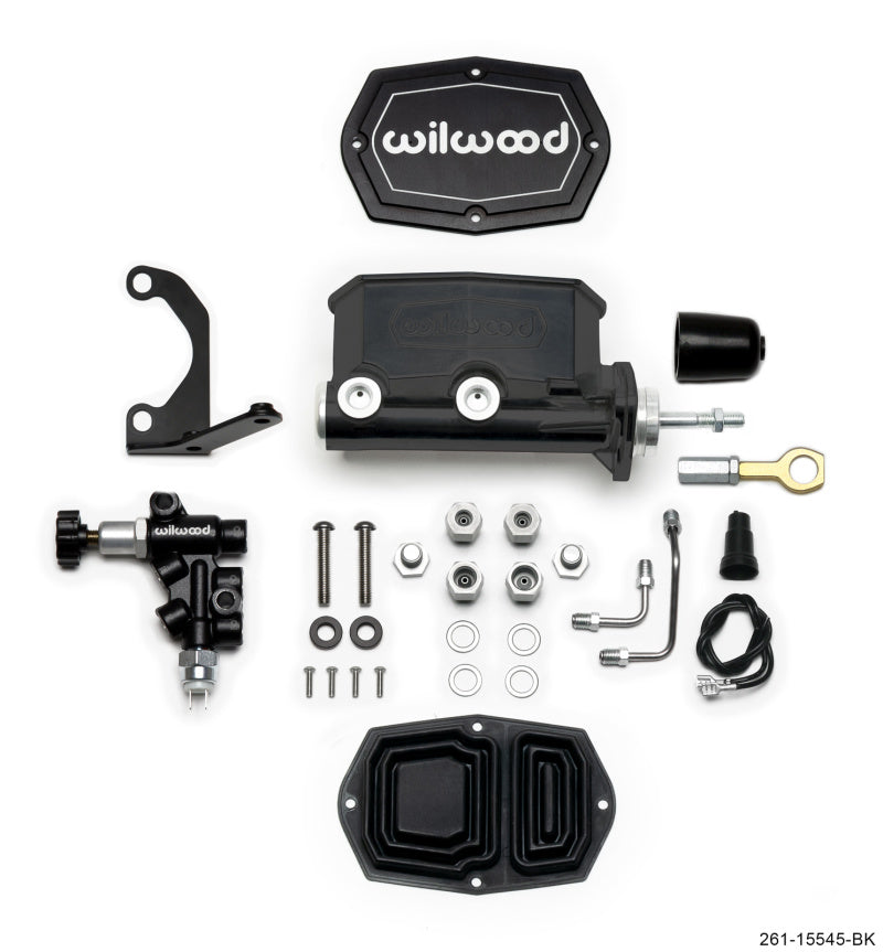Wilwood Compact Tandem M/C - 1.12in Bore w/Bracket and Valve fits Mustang (Pushrod) - Black Wilwood