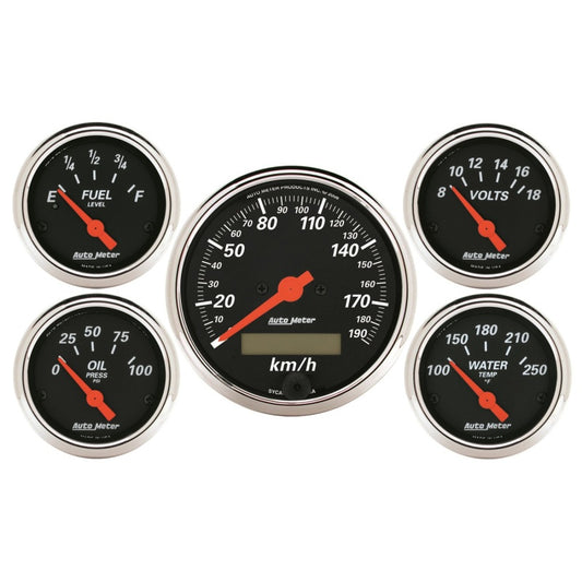 Autometer Designer Black 5 Pc Kit w/ Elec KMH Speedo, Oil Press, Water Temp, Volt, Fuel Level 1421-M