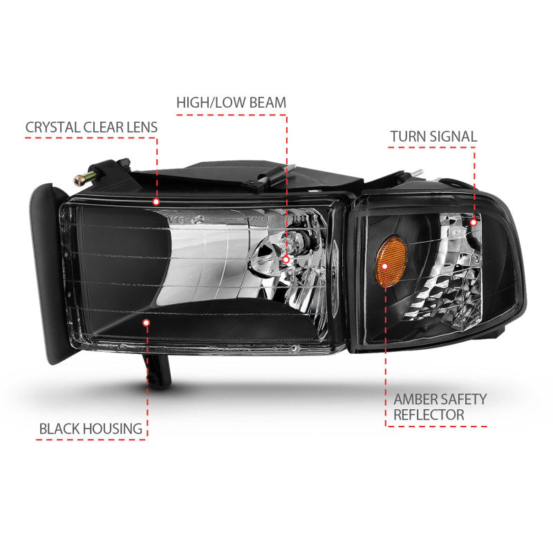 ANZO USA Dodge Ram W/O Sport Package Crystal Headlights Black; 1994-2001 - eliteracefab.com