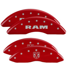 Load image into Gallery viewer, MGP 4 Caliper Covers Engraved Front RAM Engraved Rear RAMHEAD Red finish silver ch - eliteracefab.com