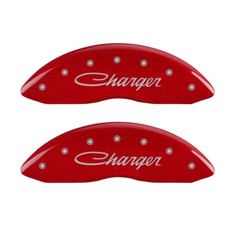 MGP 4 Caliper Covers Engraved Front & Rear Cursive/Charger Red finish silver ch - eliteracefab.com