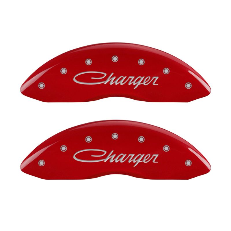 MGP 4 Caliper Covers Engraved Front & Rear Cursive/Charger Red finish silver ch MGP