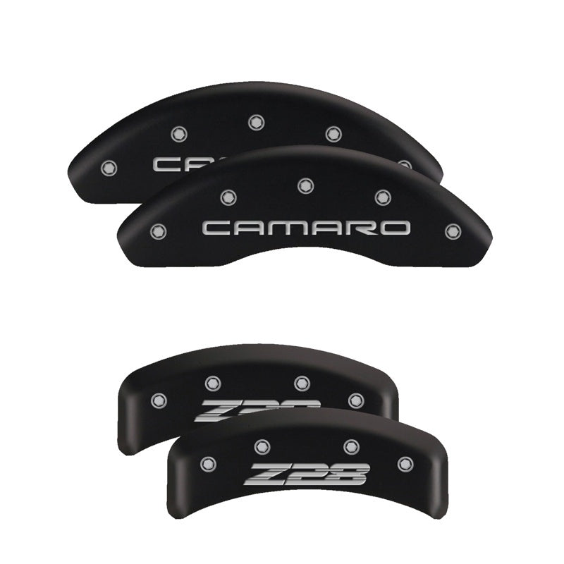 MGP 4 Caliper Covers Engraved Front Cursive/Challenger Engraved Rear RT Black finish silver ch MGP