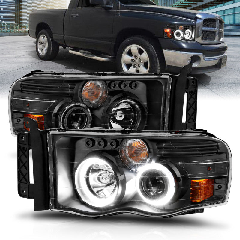 ANZO 2002-2005 Dodge Ram 1500 Projector Headlights w/ Halo Black Clear Amber - eliteracefab.com