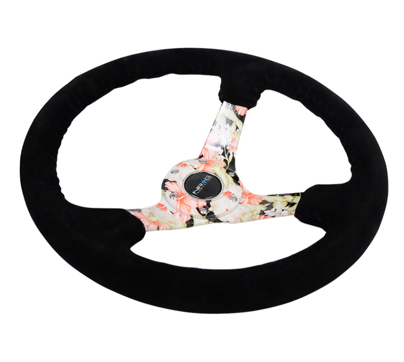 NRG Reinforced Sport Steering Wheel 350mm 3 Inch Deep Hydro Dipped Tropical Floral 5mm spoke Black Suede Black Baseball Stitching - eliteracefab.com