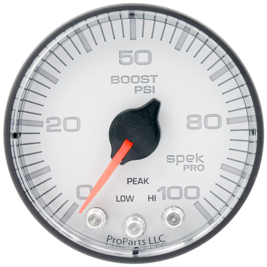 Autometer Spek-Pro 2 1/16in 100PSI Stepper Motor W/Peak & Warn White/Black Boost Gauge P305128