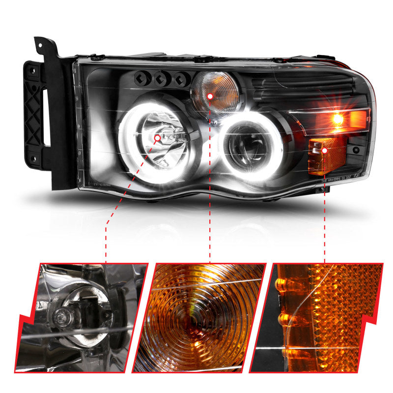 ANZO 2002-2005 Dodge Ram 1500 Projector Headlights w/ Halo Black Clear Amber - eliteracefab.com