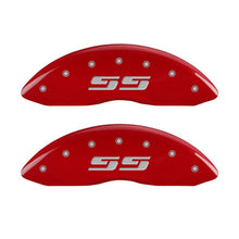 Load image into Gallery viewer, MGP 4 Caliper Covers Engraved Front &amp; Rear Silverado style/SS Red finish silver ch MGP