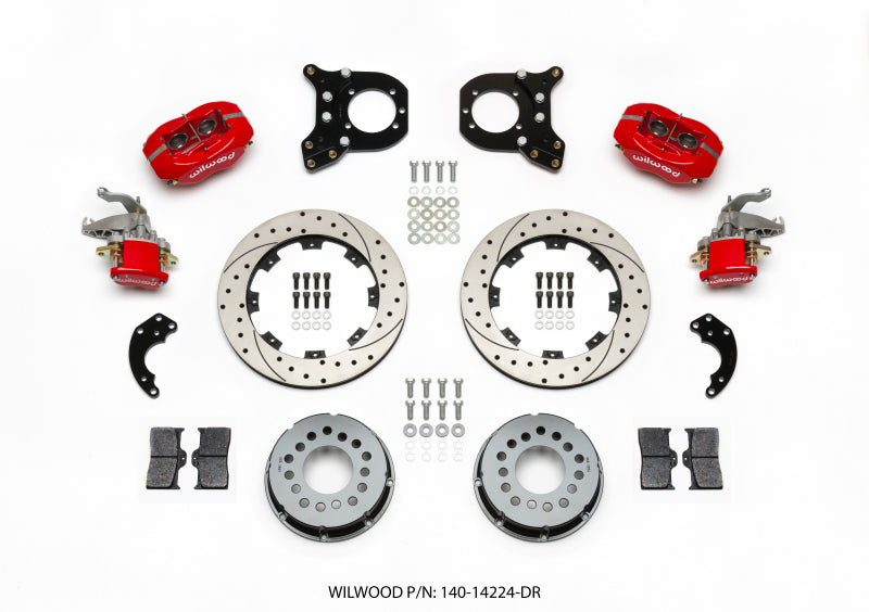 Wilwood Forged Dynalite P/S Rear Kit w/MC4 P-Brake Drill Red Chev 12 Bolt w/Clip Eliminator Wilwood