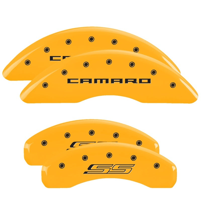 MGP 4 Caliper Covers Engraved Front Gen 5/Camaro Engraved Rear Gen 5/SS Yellow finish black ch MGP