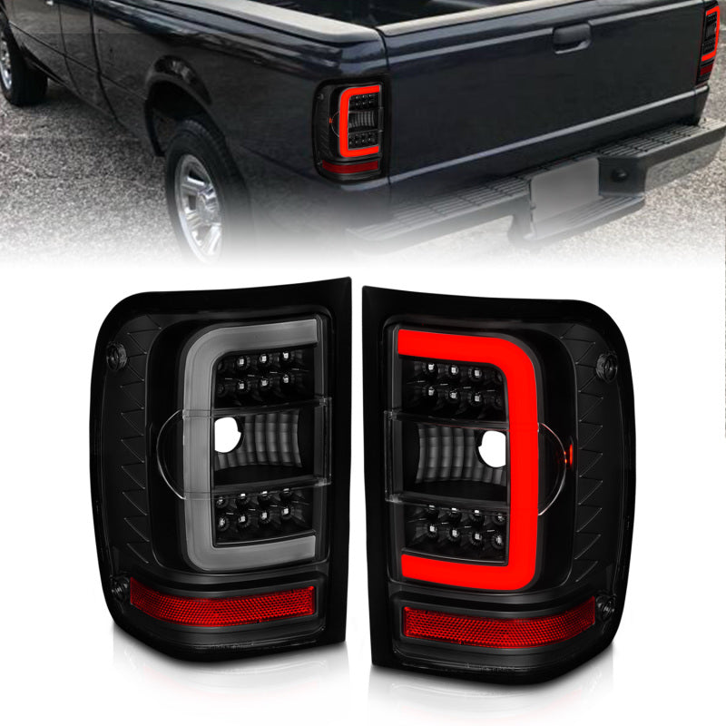 ANZO 01-11 Ford Ranger LED Taillights - Black Housing w/ Smoke Lens & Light Bar - eliteracefab.com